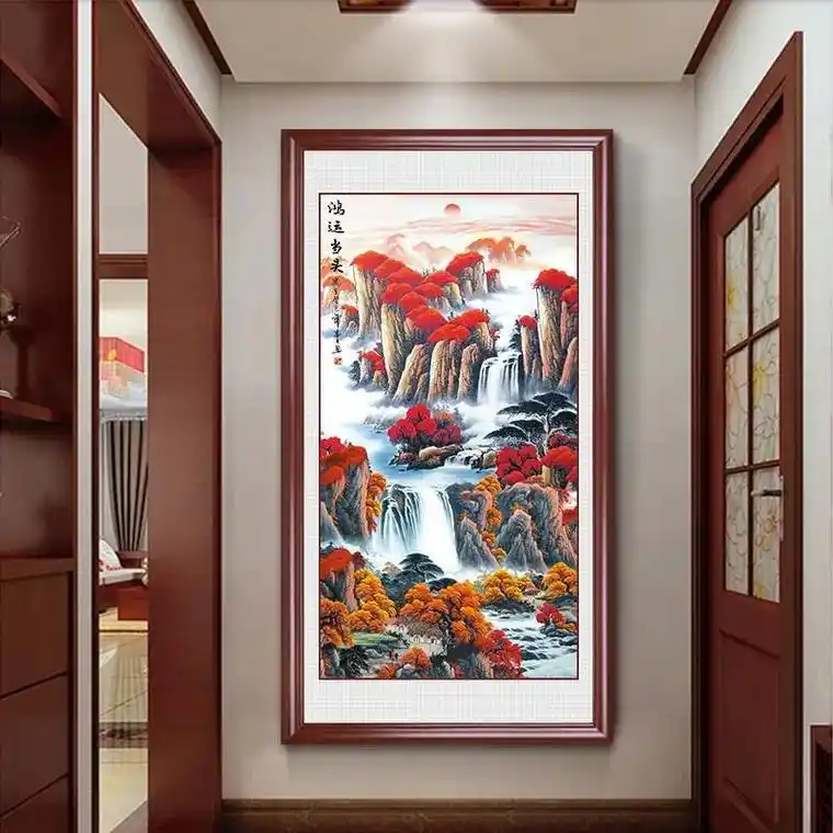 鸿运当头国画山水画招财风水靠山中式进门玄关过道装饰画竖版挂画