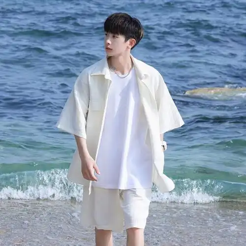 阳光干净男生酷帅穿搭套装短袖衬衫休闲短裤两件套青