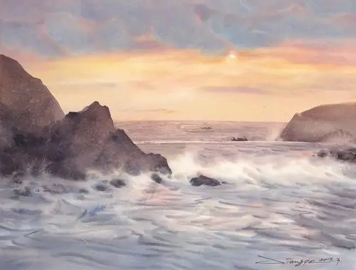 他的风景水彩画,应用温暖的色调,灵动的笔触,展现出海浪,云雾,远山