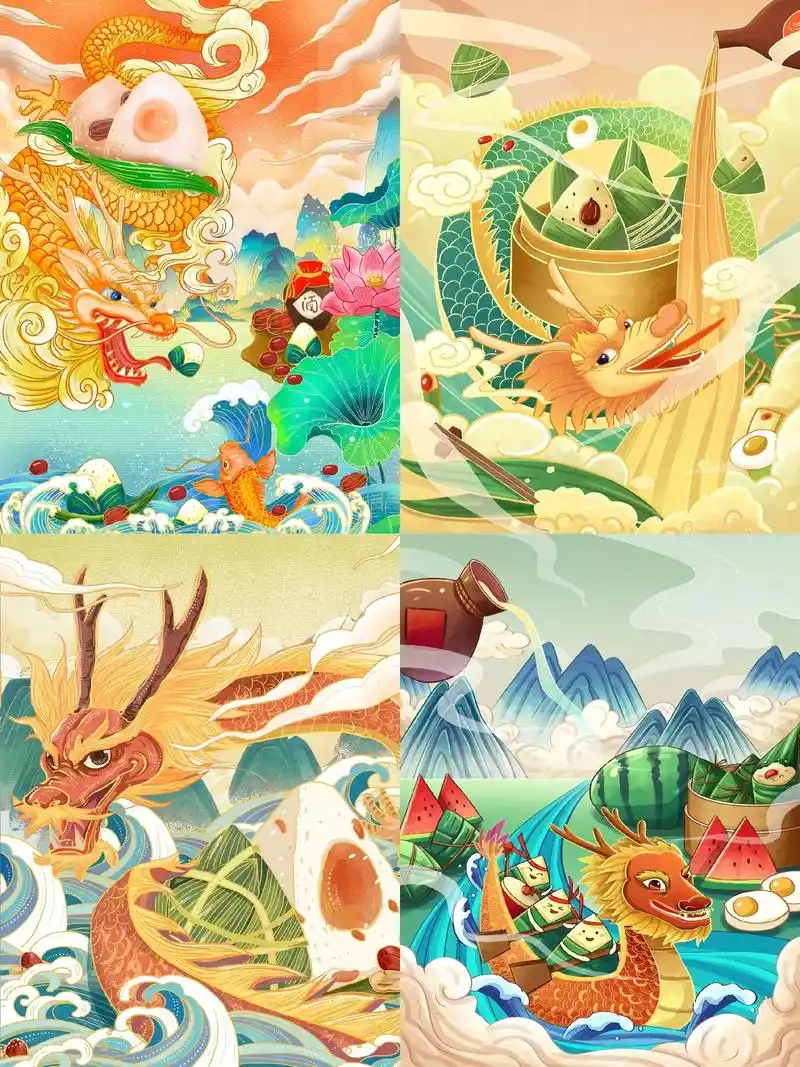 端午节手绘插画素材海报设计背景图