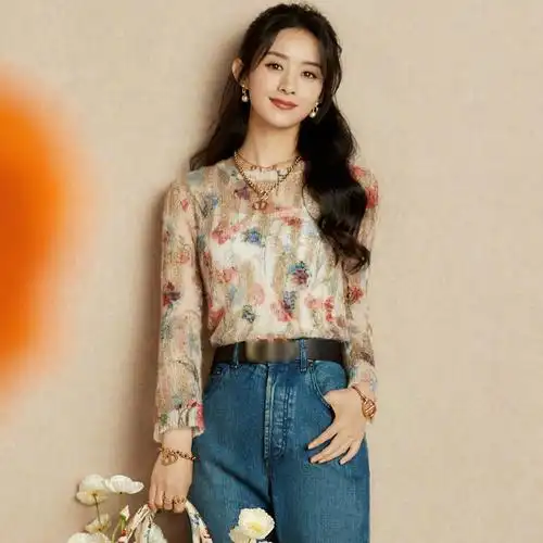 赵丽颖同款衣服2021春装宽松慵懒风漏针织衫印花时尚套装