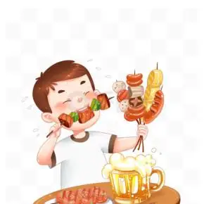 卡通夏季夏日喝啤酒吃烧烤人物手绘食物食材