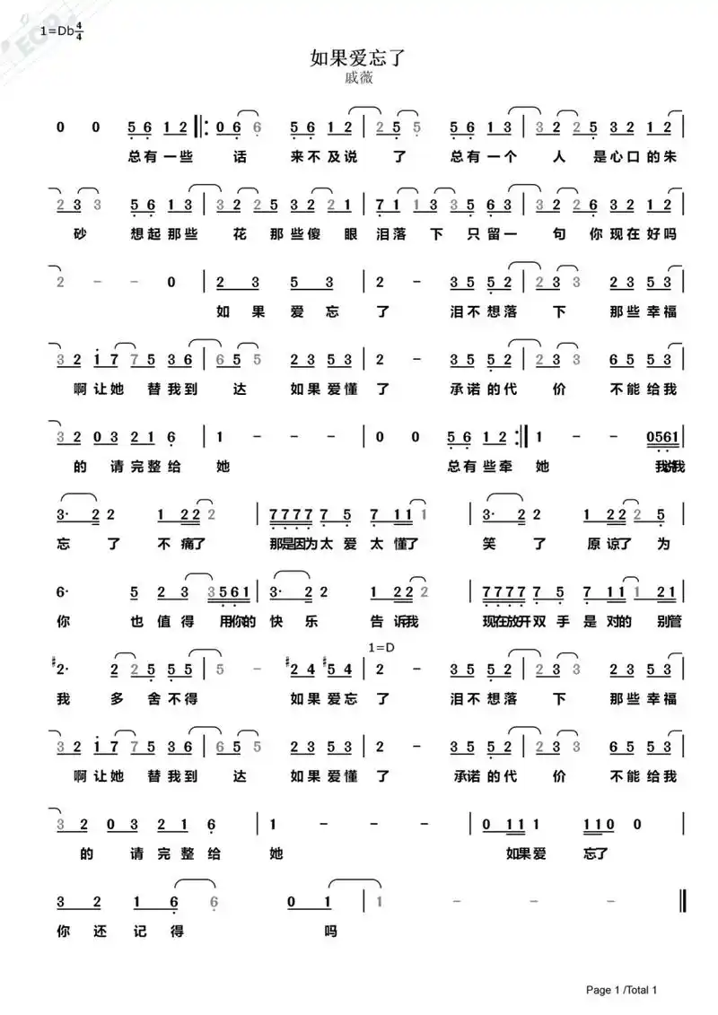 《如果爱忘了》戚薇 简谱完整版