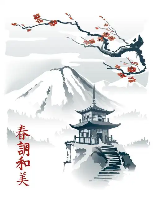 春调和美富士雪山阁楼古建筑梅花水墨画风景钻石画
