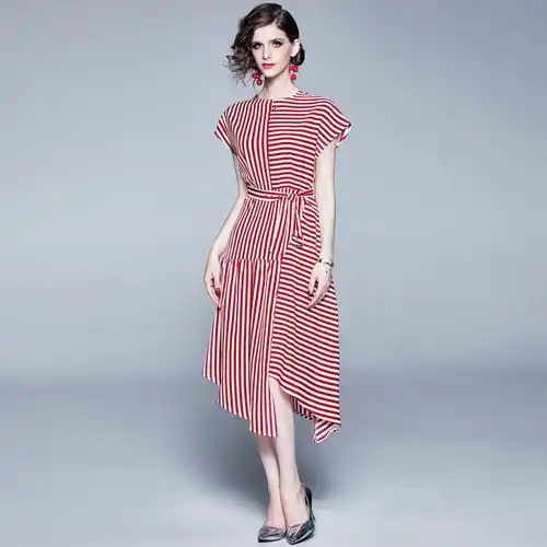 2021春夏季外贸女装 欧美风复古时尚条纹气质中长款不规则连衣裙