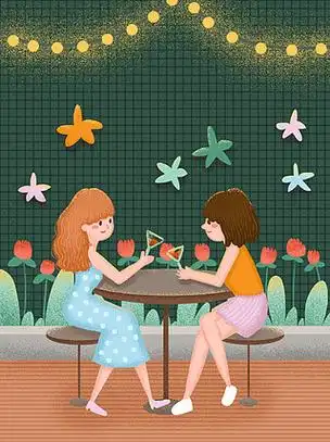 卡通手绘喝下午茶聚会的闺蜜设计路边咖啡馆享受下午茶的闺蜜用手机