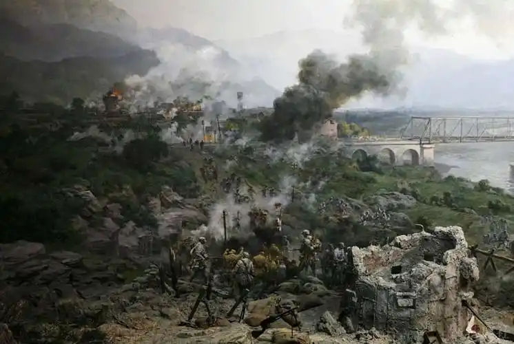 百团大战半景画由400㎡油画, 480㎡仿真置景构成,生动展现了攻克