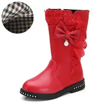 史努比女童靴子公主鞋小女孩中筒靴秋冬季儿童高腰单靴中大童红色棉