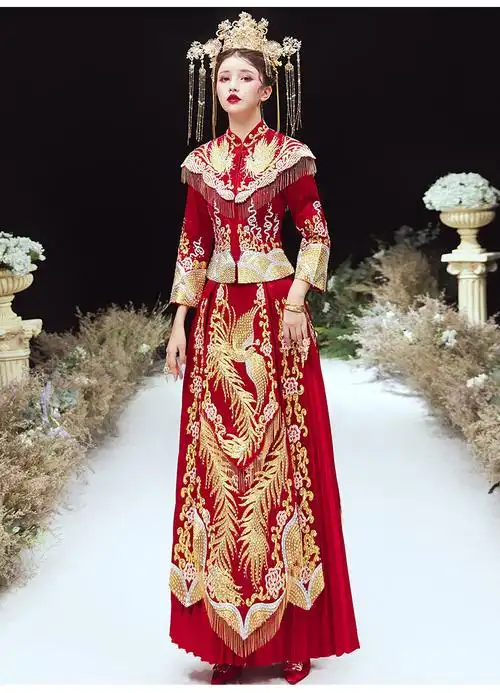 中式婚纱凤冠霞帔秀禾服新娘夏季婚服结婚嫁衣禾秀服女 无钻款【送】