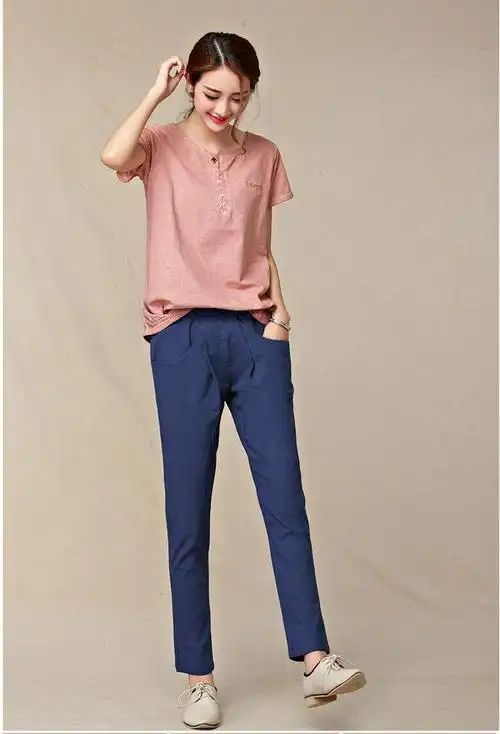 所往2016夏装新款棉麻九分裤哈伦裤大码松紧腰女裤宽松休闲裤