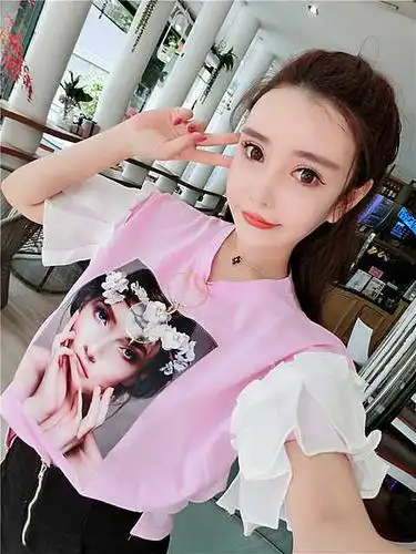 346实拍时尚火爆美女图印花订珠宽松短袖上衣t恤