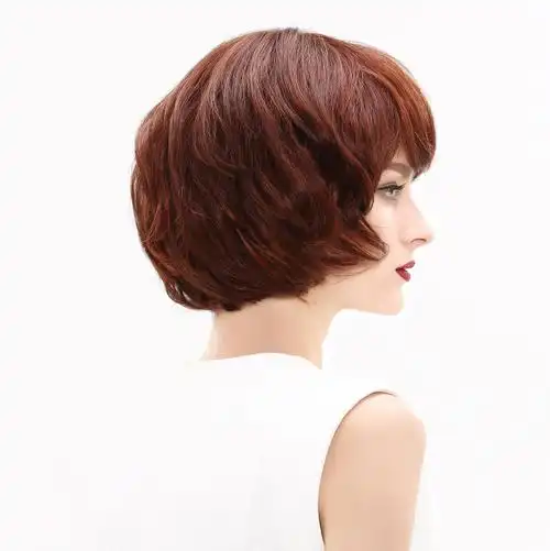 瑞贝卡假发女短发短卷发bobo头内扣自然蓬松斜刘海棕红色整顶假发