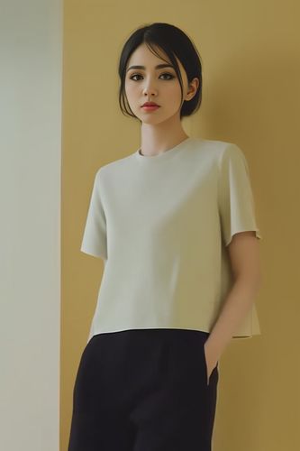 夏季女士t恤上衣短袖宽松纯色拼接经典圆领通勤设计感极简小个子