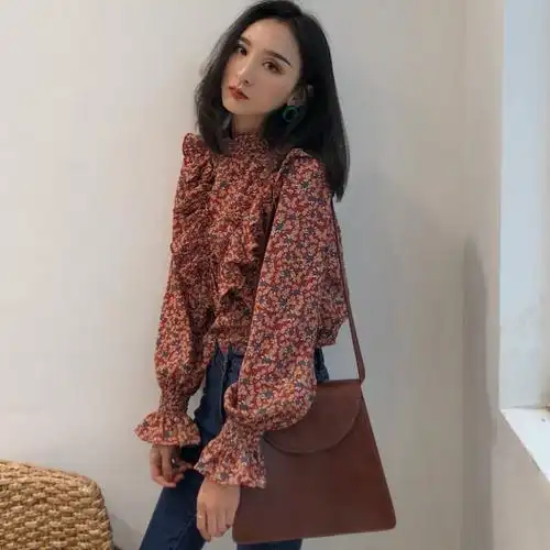 长袖碎花衬衫女夏