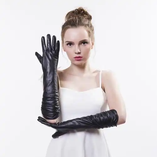 跨境新款女士真皮羊皮女士长款手套时尚秋冬保暖加绒中长款手套女