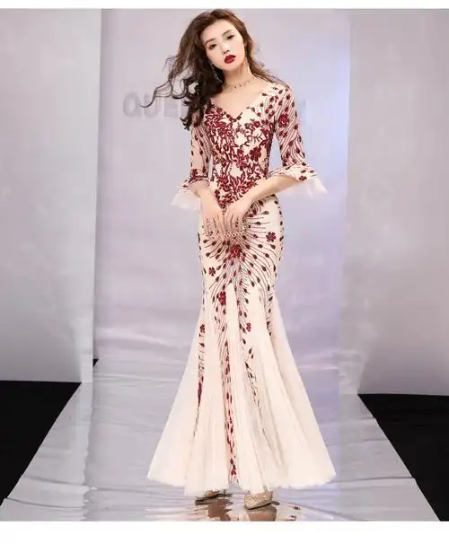 仙气宴会高贵气质长款名媛梦幻森系主持人鱼尾晚礼服裙女2021新款