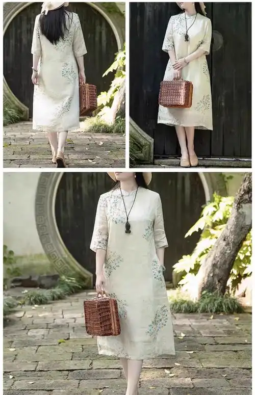 2024夏季苎麻通勤复古改良旗袍宽松显瘦气质遮肉印花棉麻连衣裙 - 17