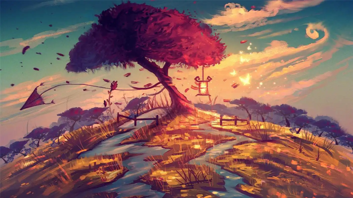 奇幻树木手绘插画高清桌面壁纸