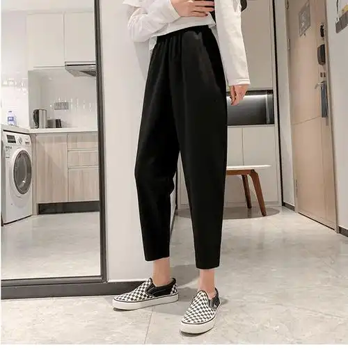 哈伦裤女春夏大码女裤胖mm松紧腰显瘦黑色萝卜裤女九分西装休闲裤
