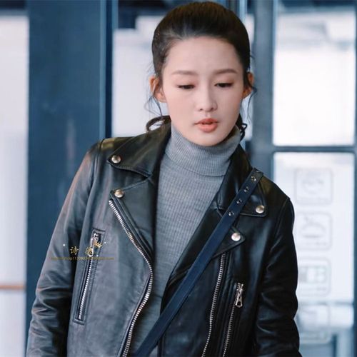 海上繁花李沁杜晓苏同款黑色皮衣外套浅灰色高领毛衣针织衫上衣女