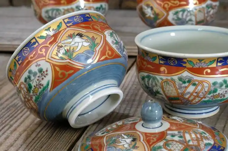 林九郎窑 四方割木甲鹤絵 汲出碗揃 未使用箱入 |茶器|盖付汤呑|和食