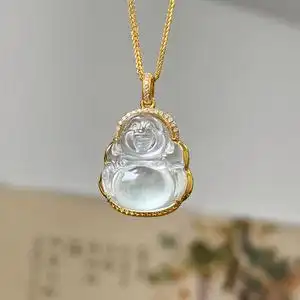 一云翡翠 茅台白玻璃种18k黄金色翡翠佛公玉佛吊坠镶嵌款式参考