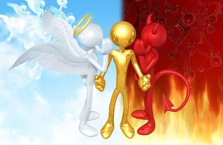 天使与魔鬼与原始人物3d插图耳语