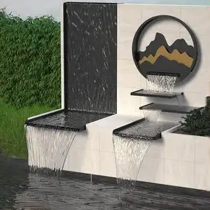 不锈钢圆形假山流水屏风背景墙中式造景户外庭院水幕墙瀑布出水口