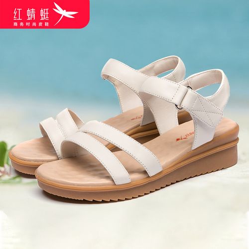 红蜻蜓中年妈妈凉鞋真皮软底舒适女士罗马坡跟厚底凉鞋女夏平底鞋