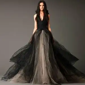 高端晚礼服verawang复古黑色婚纱个性前卫王薇薇同款v领宴会礼服