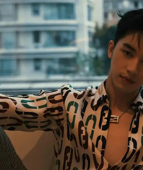 许魏洲港风v领印花衬衫帅气写真