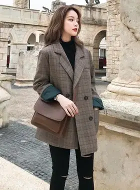 香港it代购格子小西装外套女气质网红2020春秋新款休闲西服宽松bf