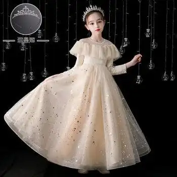 公主裙女童2021新款钢琴演奏花童婚礼主持人生日秋冬x809cw香槟皇冠