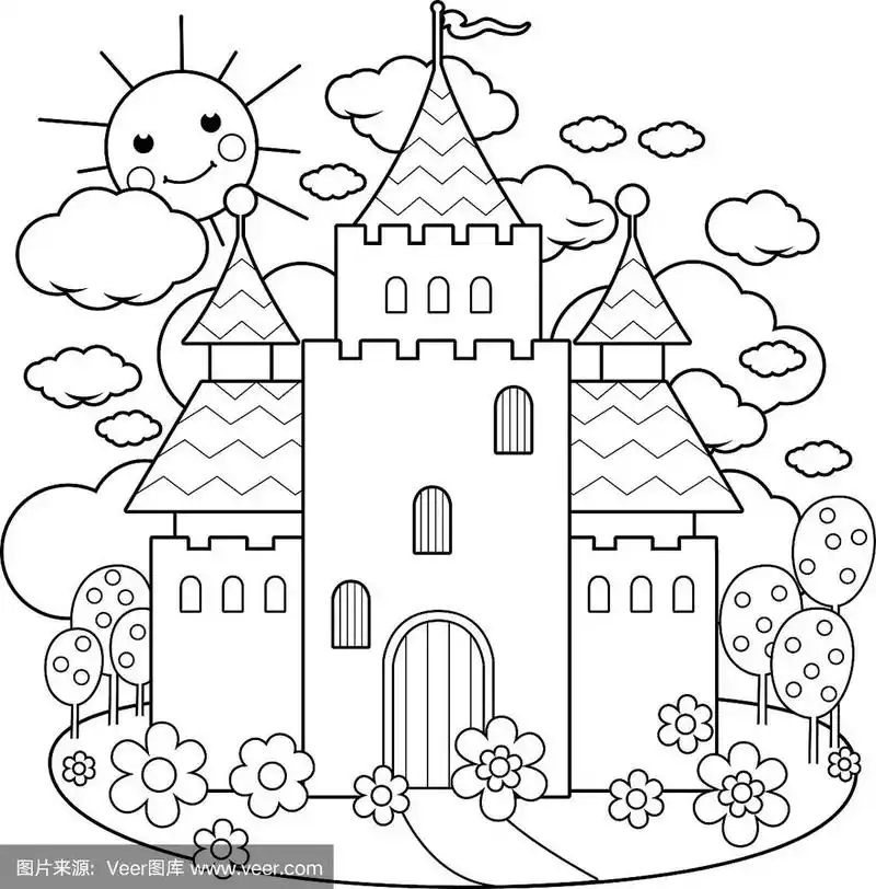 童话城堡和鲜花涂色页