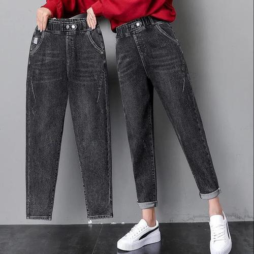 恺吉锐松紧腰哈伦牛仔裤女长裤秋冬季新款高腰显瘦弹力大妈宽松直筒裤
