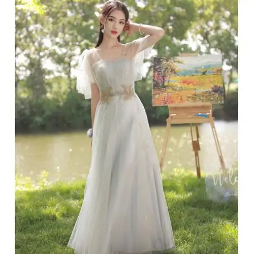 灰色气质晚礼服女裙仙女大码姐妹显瘦长款超仙礼服