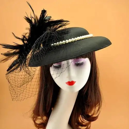 黑色缎面大礼帽欧式宫廷羽毛网纱帽复古珍珠大帽子发饰宴会礼服帽