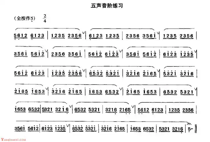 洞箫中级练习谱《箫五声音阶练习》