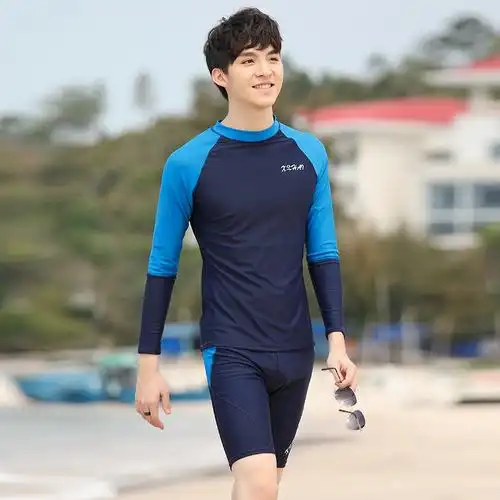 2021新款分体游泳衣男款长袖上衣五分防晒速干男士泳衣