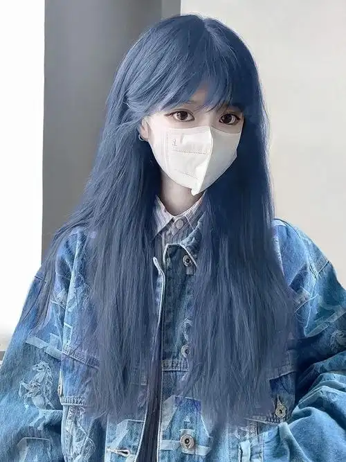 假发女长发挑染蓝灰色自然全头套雾霾蓝长直发仿真蓝色假发套跨境