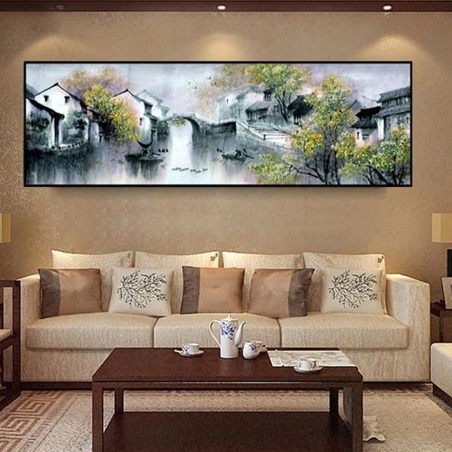 横条中式挂画装饰新中式江南水乡古镇山水画沙发客厅中正堂墙壁画