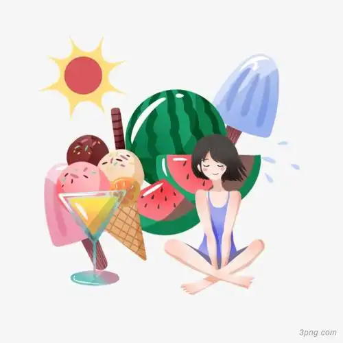 夏季西瓜冰淇淋女孩png素材透明免抠图片-卡通手绘