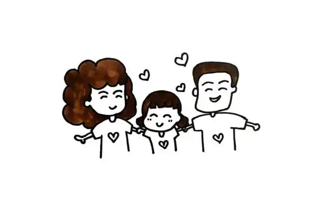 一家三口的衣服分别涂成橙色,黄色和蓝色,幸福的一家三口全家福简笔画