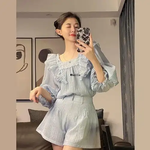女装减龄网红套装2021新款夏季上衣短裤甜美设计感小众洋气七分袖