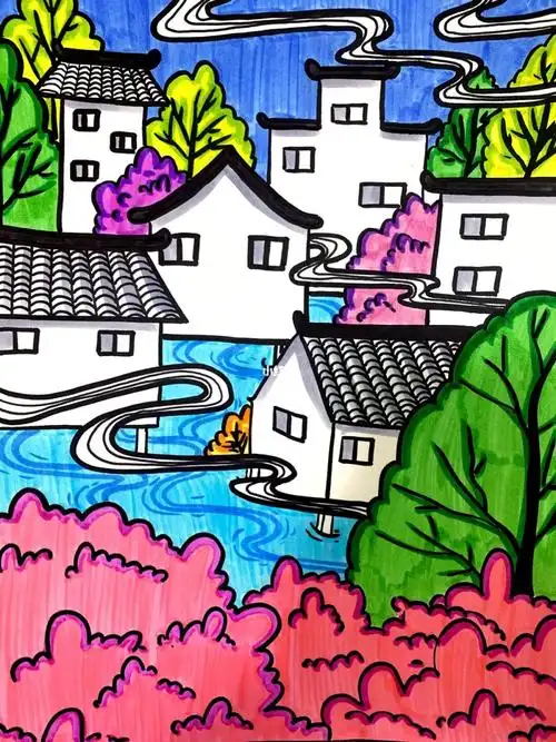 徽派建筑儿童画