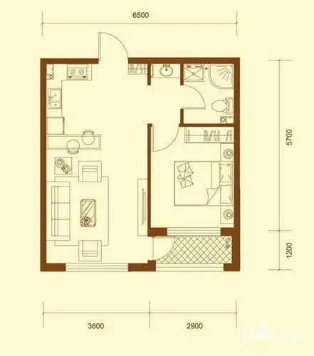 运达诺维溪谷户型图 e2 一室一厅一卫 50.3㎡