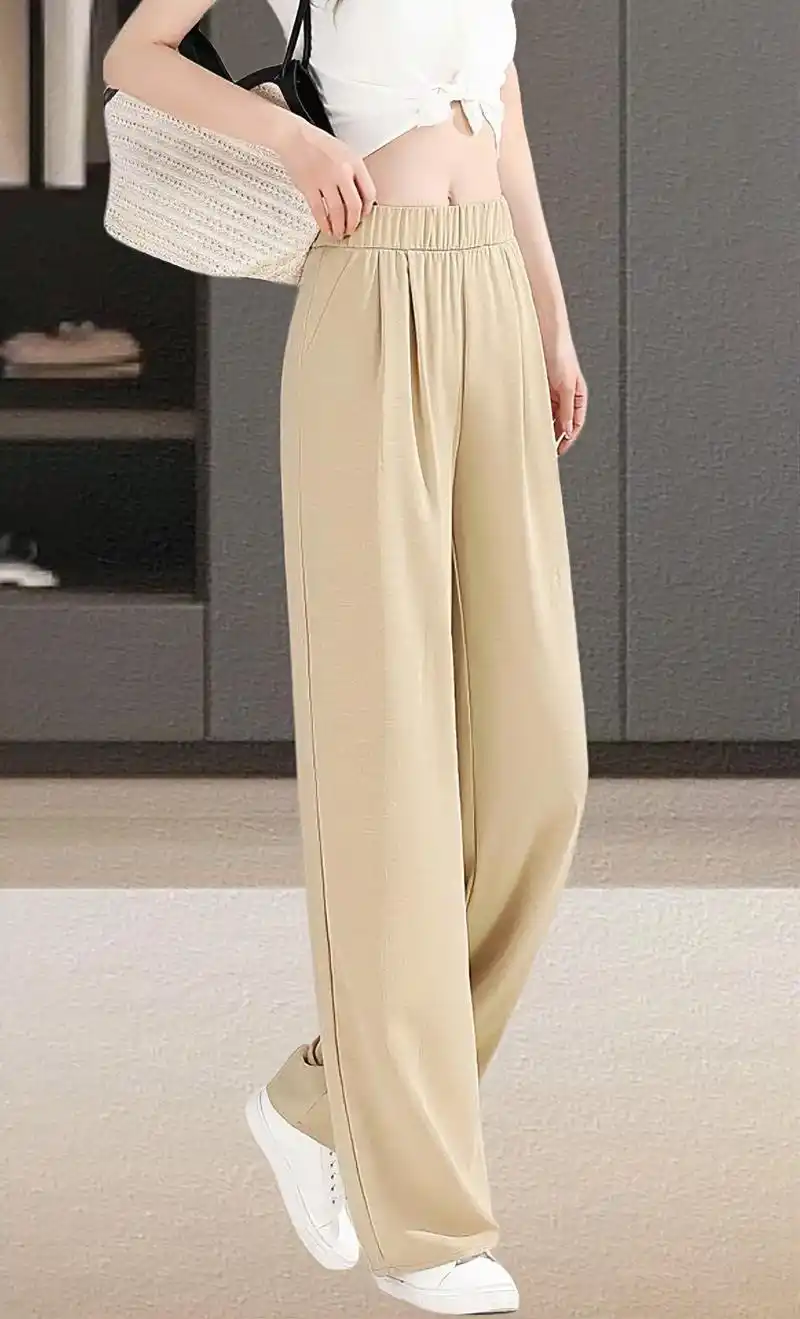 速干冰丝褶皱垂感直筒裤女夏季薄款休闲裤