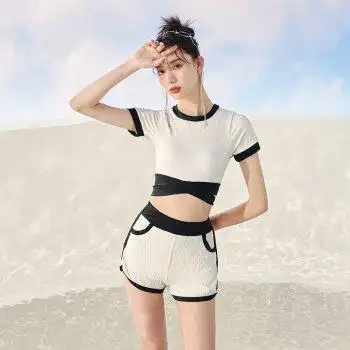 白色保守温泉游泳馆专用分体泳衣女三件套2021学生遮肉显瘦泳装 白色
