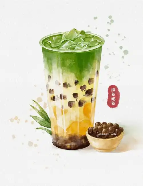 pad水彩绘画抹茶奶茶线稿77步骤