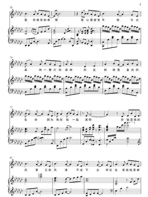 钢琴谱我一层透明因为有你复杂的生命你在树荫里一整片的森林生出
